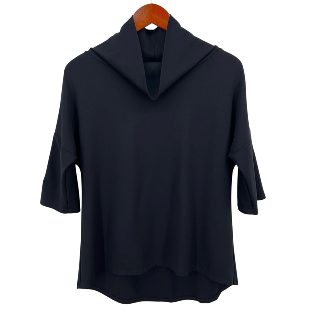 Mosaic Cowl Neck Ponte Knit Top Sz L Black Dolman 1/2 Sleeve Relaxed Fit Stretch